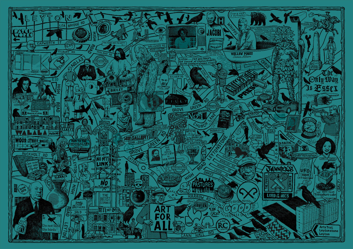 Illustrative map with various symbols and text on a blue background