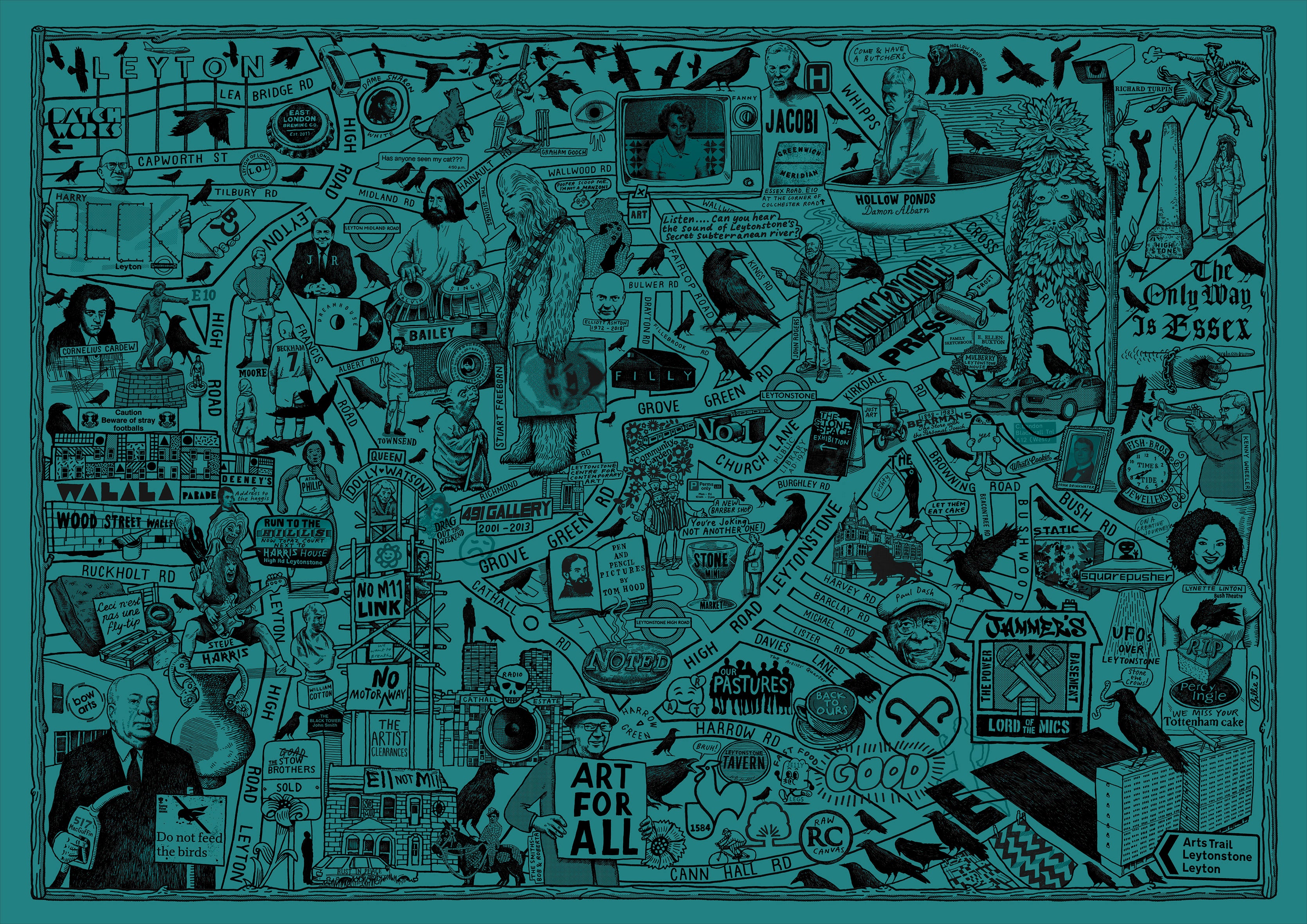 Illustrative map with various symbols and text on a blue background