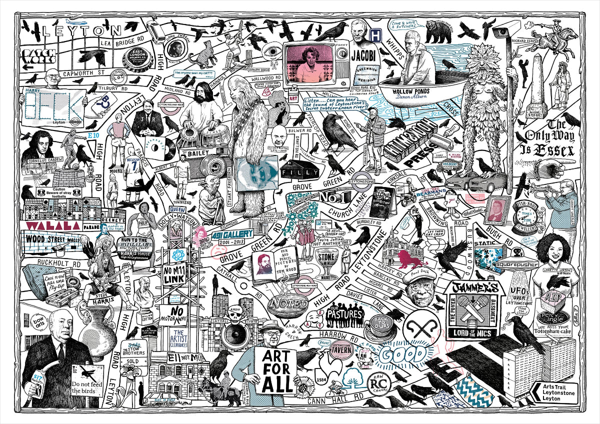Illustrated map of Leytonstone with various landmarks and icons.