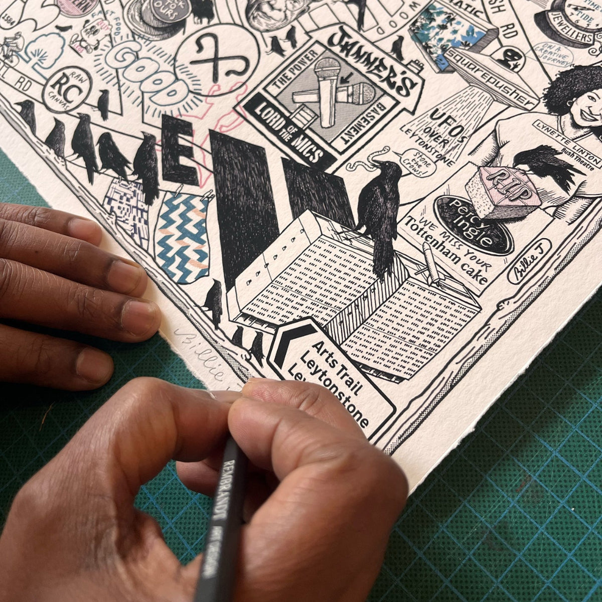 Collage of various illustrations and text on a wooden board with hands holding a tool.