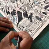 Collage of various illustrations and text on a wooden board with hands holding a tool.