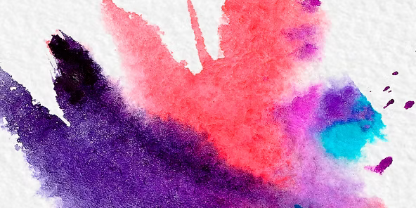 Abstract watercolor painting with splashes of red, purple, and blue on a white background