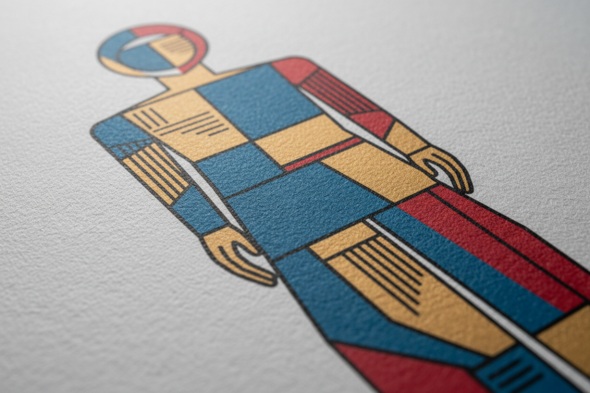 Image of a graphic print in red, yellow and blue of a person on textured paper. 