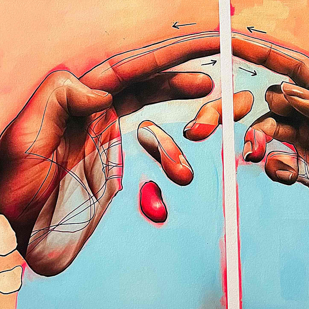 Artistic depiction of a hand holding a small object with a blue background